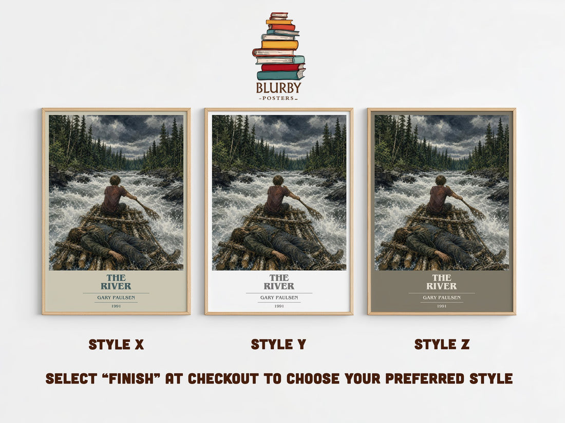 The River book cover print in frame leaning in hallway – young adult wall art (mockup)