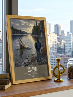 Brian's Winter book cover print framed by window – literary home decor
