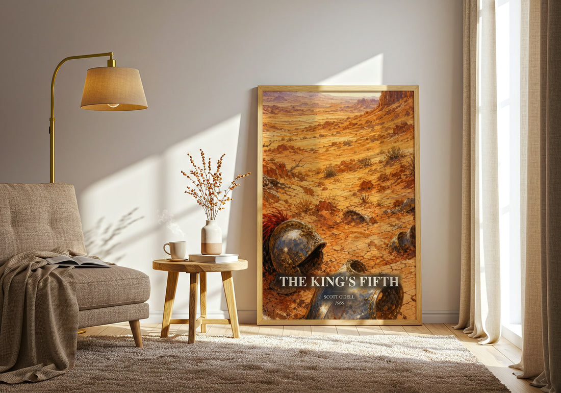 The King's Fifth watercolour print in frame leaning in hallway – historical fiction wall art (mockup)