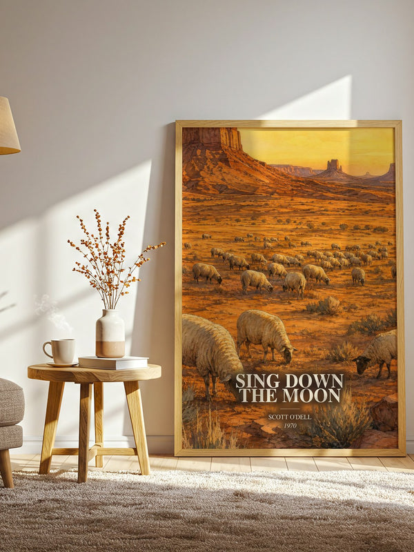 Sing Down the Moon watercolour print in frame leaning in hallway – historical fiction wall art