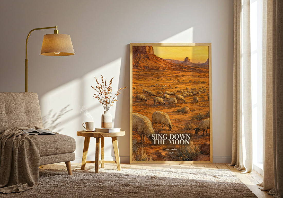 Sing Down the Moon watercolour print in frame leaning in hallway – historical fiction wall art (mockup)
