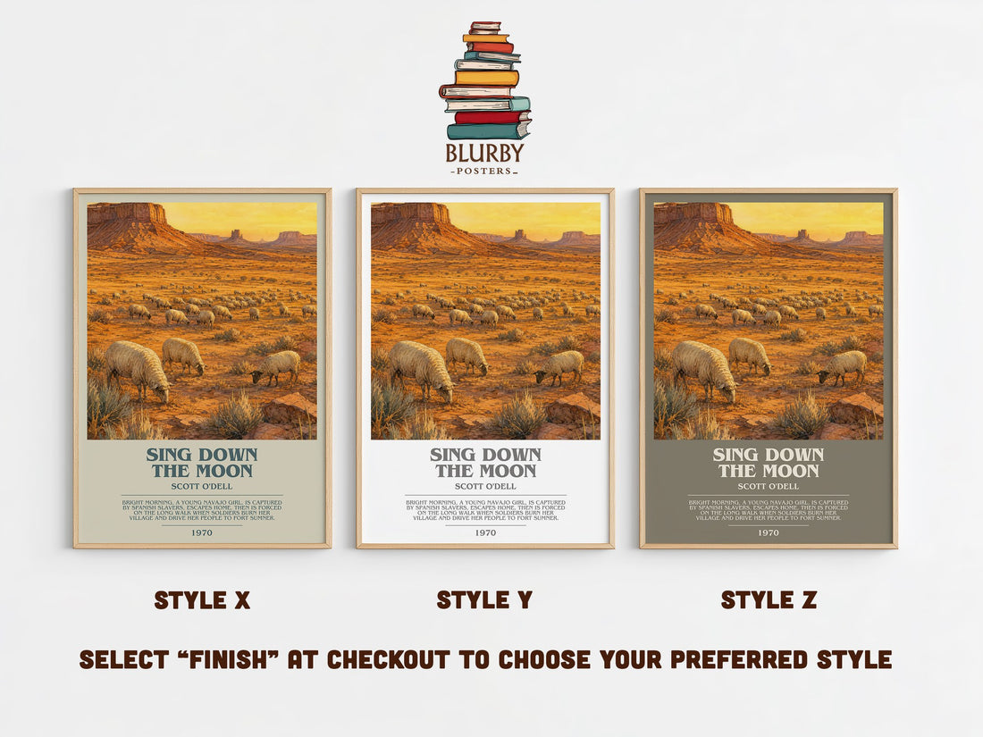Sing Down the Moon bookish print in frame leaning in hallway – historical fiction wall art (mockup)