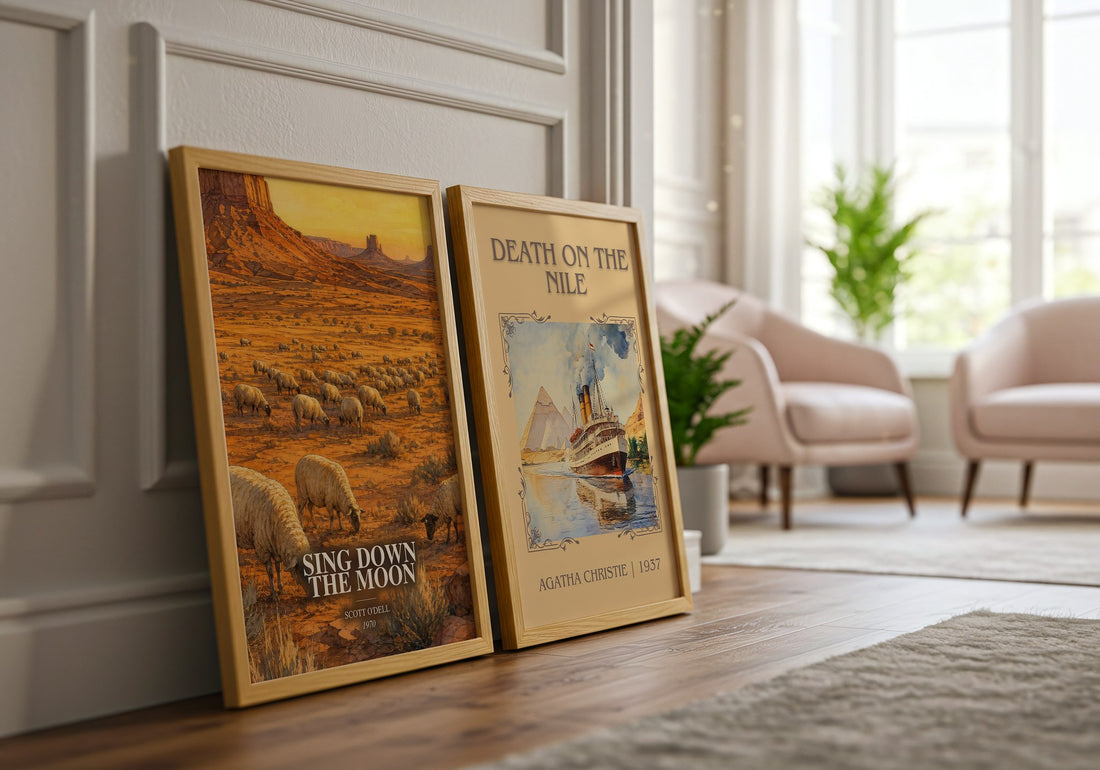 Sing Down the Moon watercolour print framed by window – literary home decor