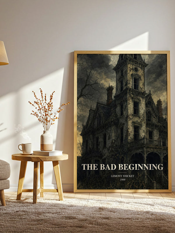 The Bad Beginning watercolour print in frame leaning in hallway – childrens wall art