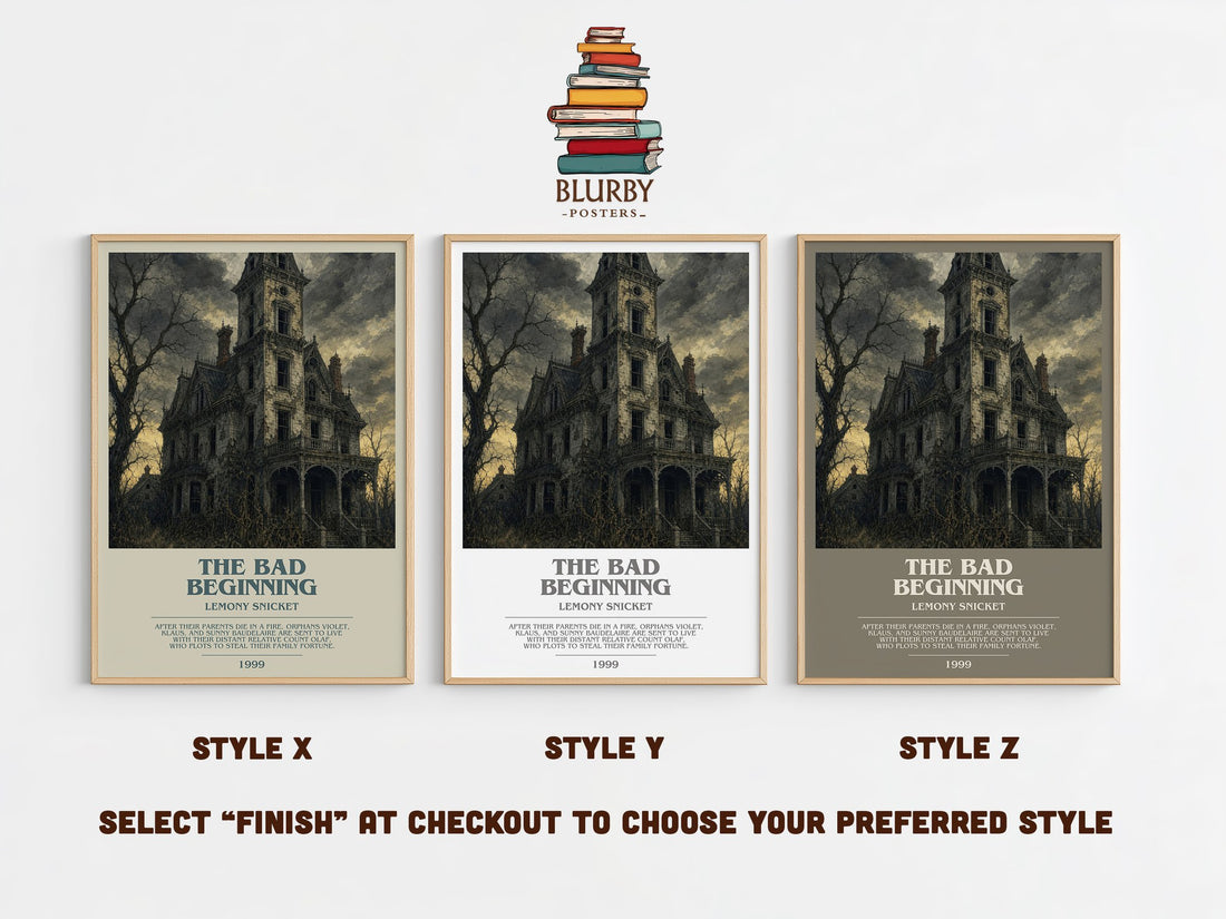 The Bad Beginning bookish print in frame leaning in hallway – childrens wall art (mockup)