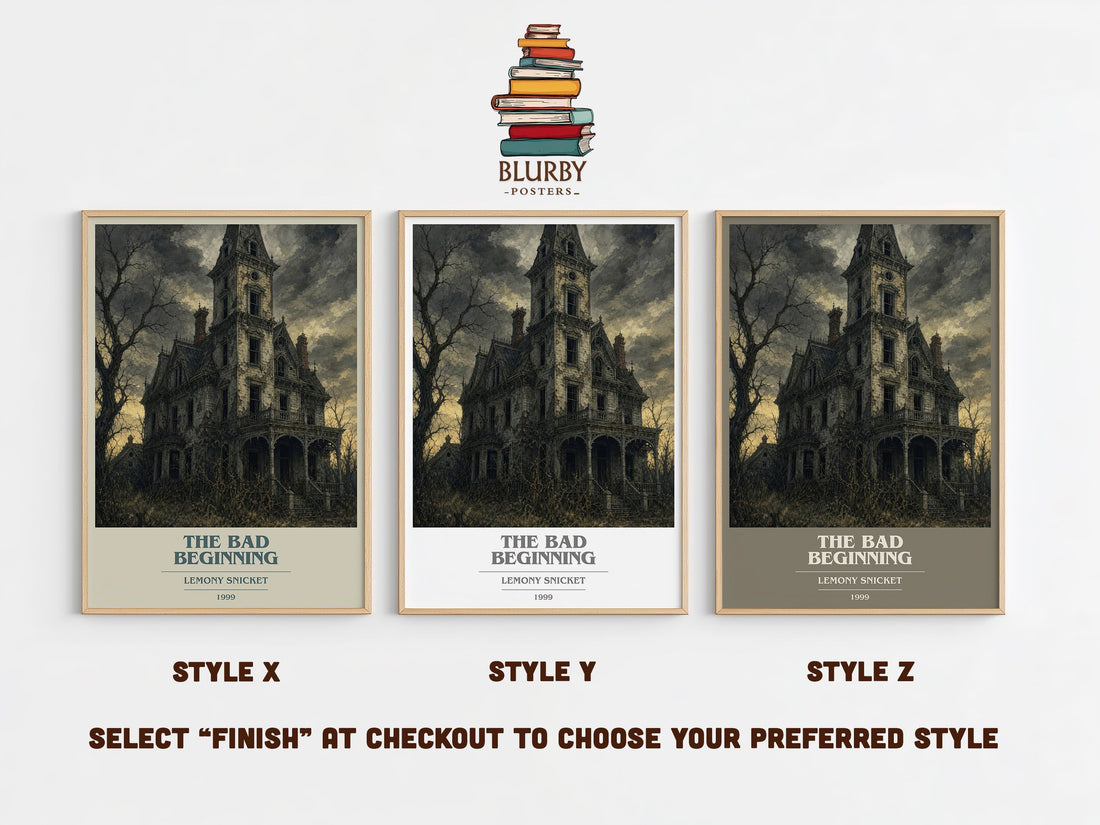 The Bad Beginning book cover print in frame leaning in hallway – childrens wall art (mockup)