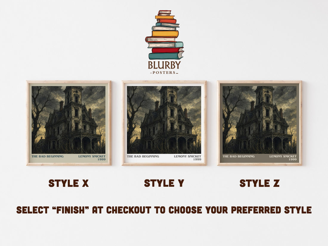 The Bad Beginning literary print in frame leaning in hallway – childrens wall art (mockup)