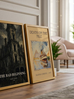 The Bad Beginning watercolour print framed by window – literary home decor