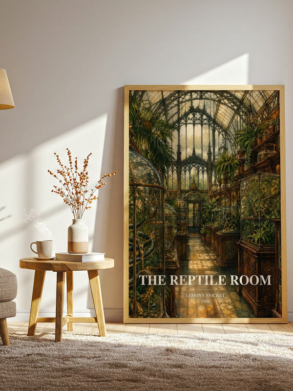 The Reptile Room watercolour print in frame leaning in hallway – childrens wall art