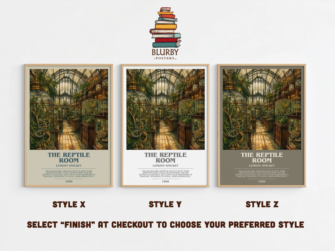 The Reptile Room bookish print in frame leaning in hallway – childrens wall art (mockup)