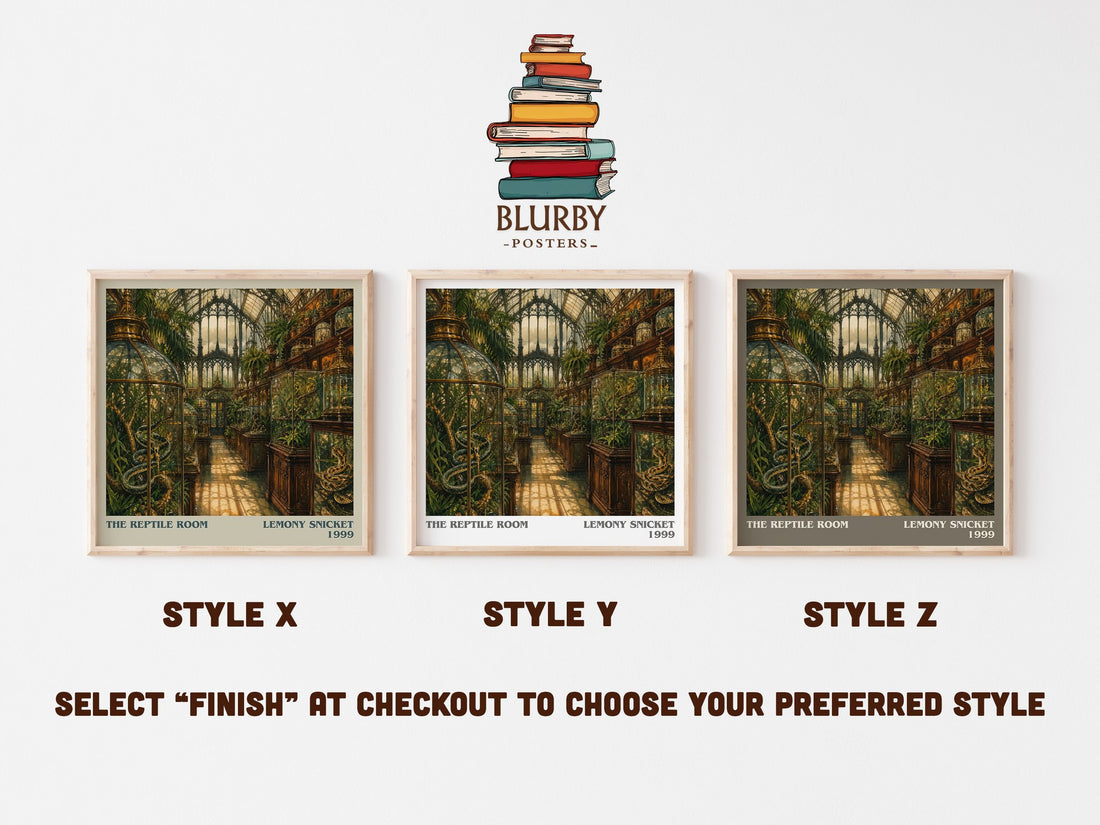 The Reptile Room literary print in frame leaning in hallway – childrens wall art (mockup)