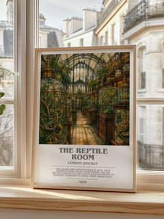 The Reptile Room bookish poster colour and style options – Lemony Snicket book art