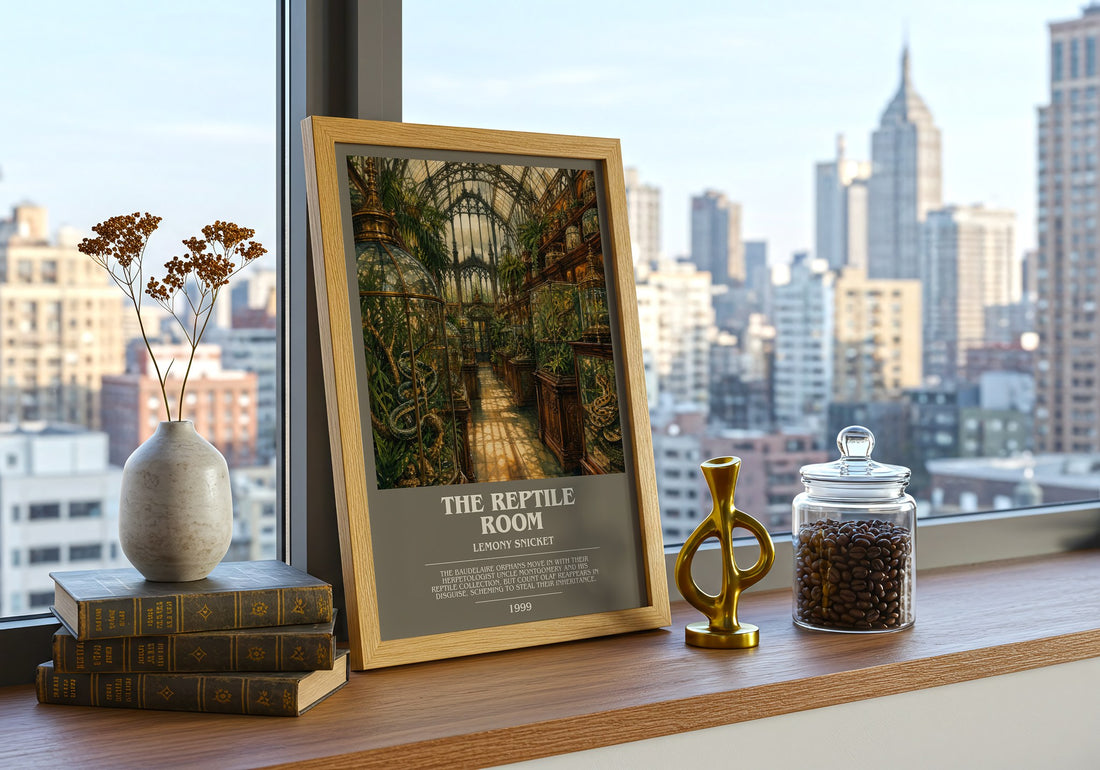 The Reptile Room bookish print framed by window – literary home decor