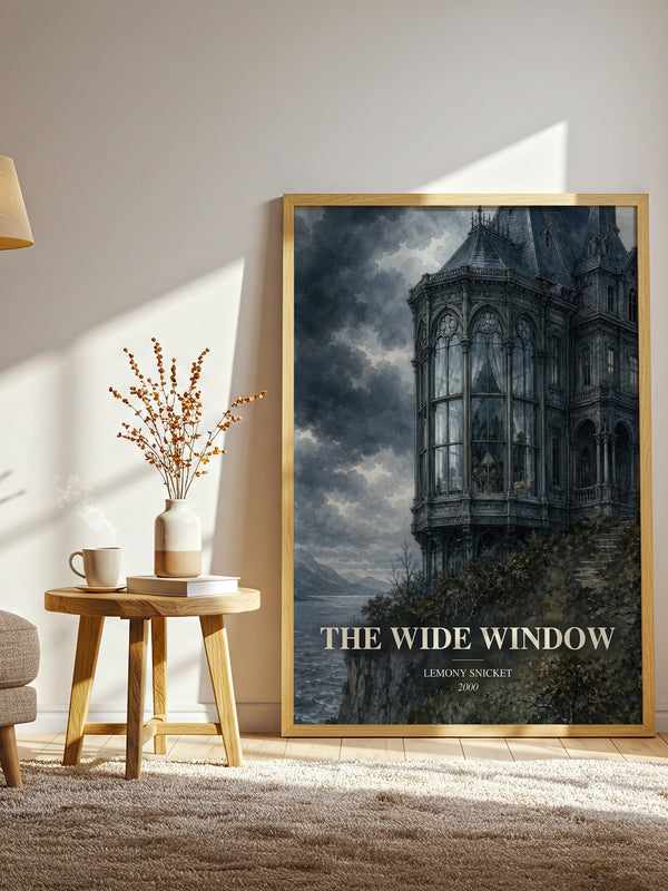 The Wide Window watercolour print in frame leaning in hallway – childrens wall art