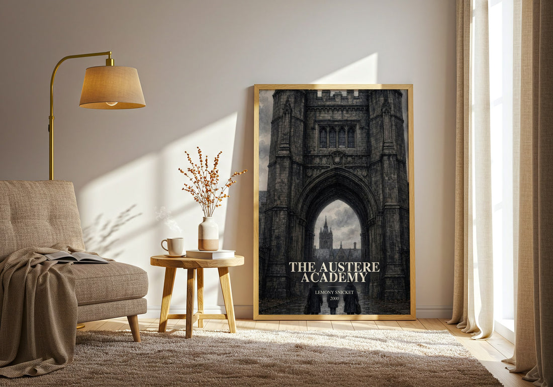 The Austere Academy watercolour print in frame leaning in hallway – childrens wall art (mockup)