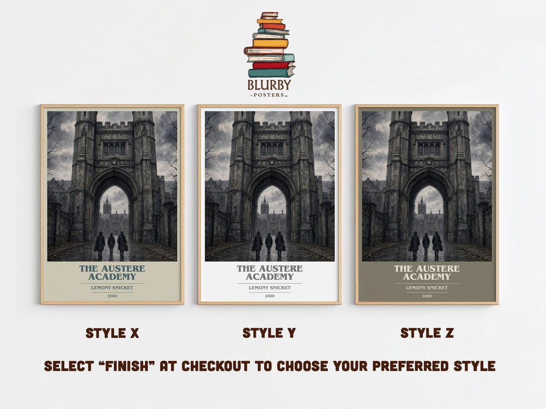 The Austere Academy book cover print in frame leaning in hallway – childrens wall art (mockup)