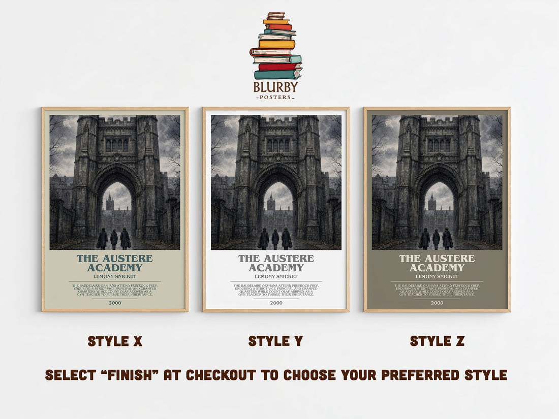 The Austere Academy bookish print in frame leaning in hallway – childrens wall art (mockup)