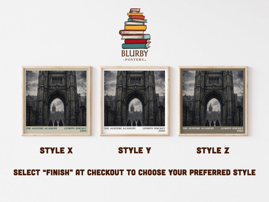 The Austere Academy literary print in frame leaning in hallway – childrens wall art (mockup)