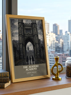 The Austere Academy book cover print framed by window – literary home decor