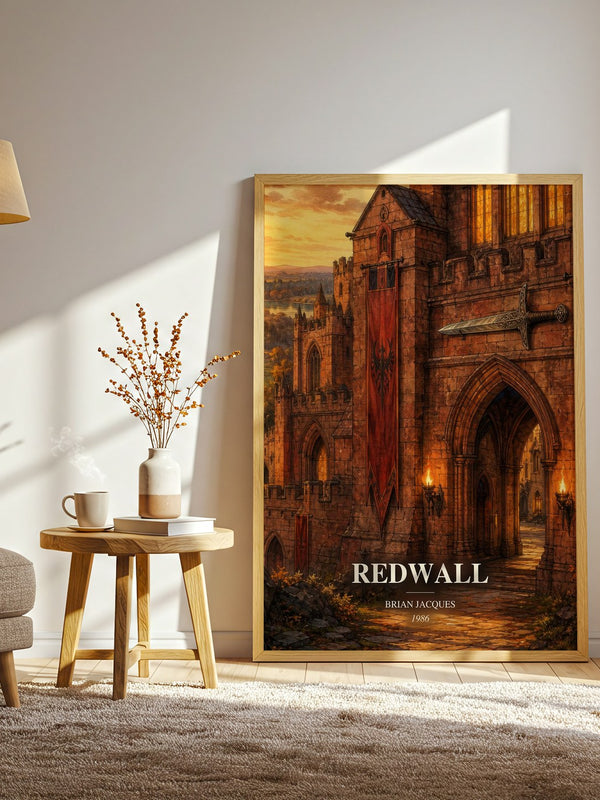 Redwall watercolour print in frame leaning in hallway – fantasy wall art