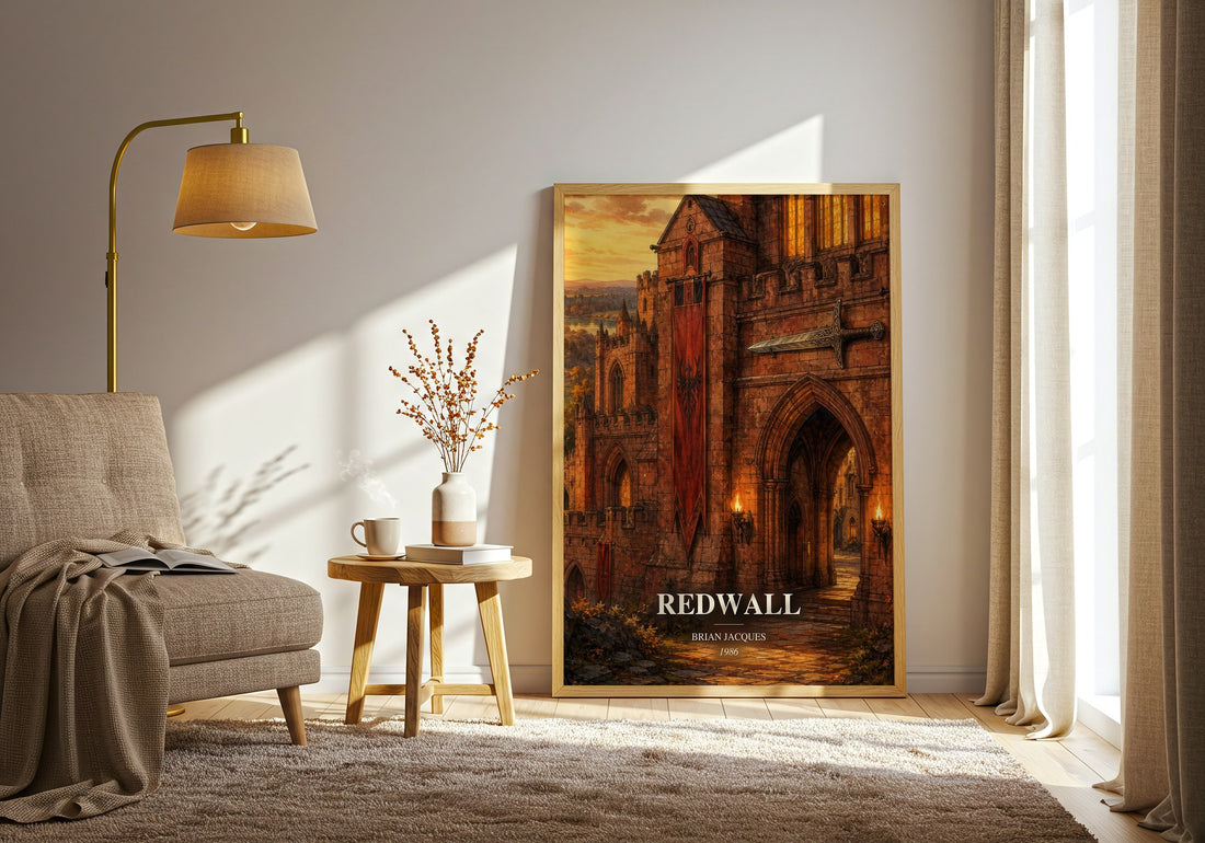 Redwall watercolour print in frame leaning in hallway – fantasy wall art (mockup)