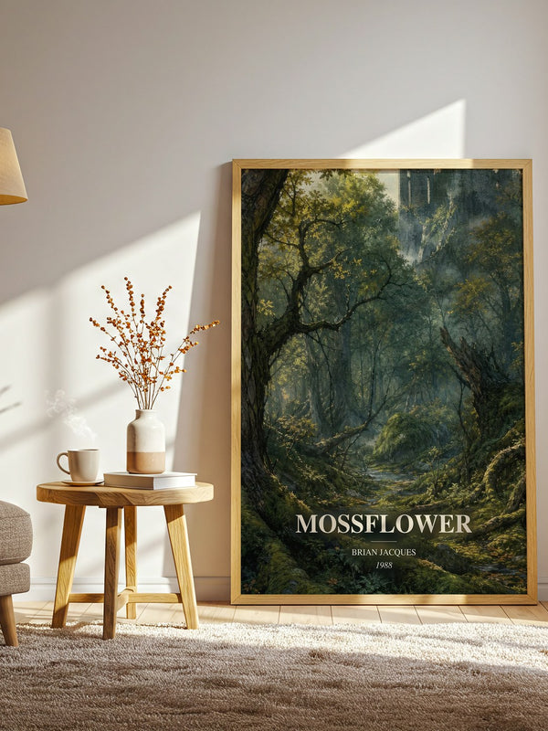 Mossflower watercolour print in frame leaning in hallway – fantasy wall art