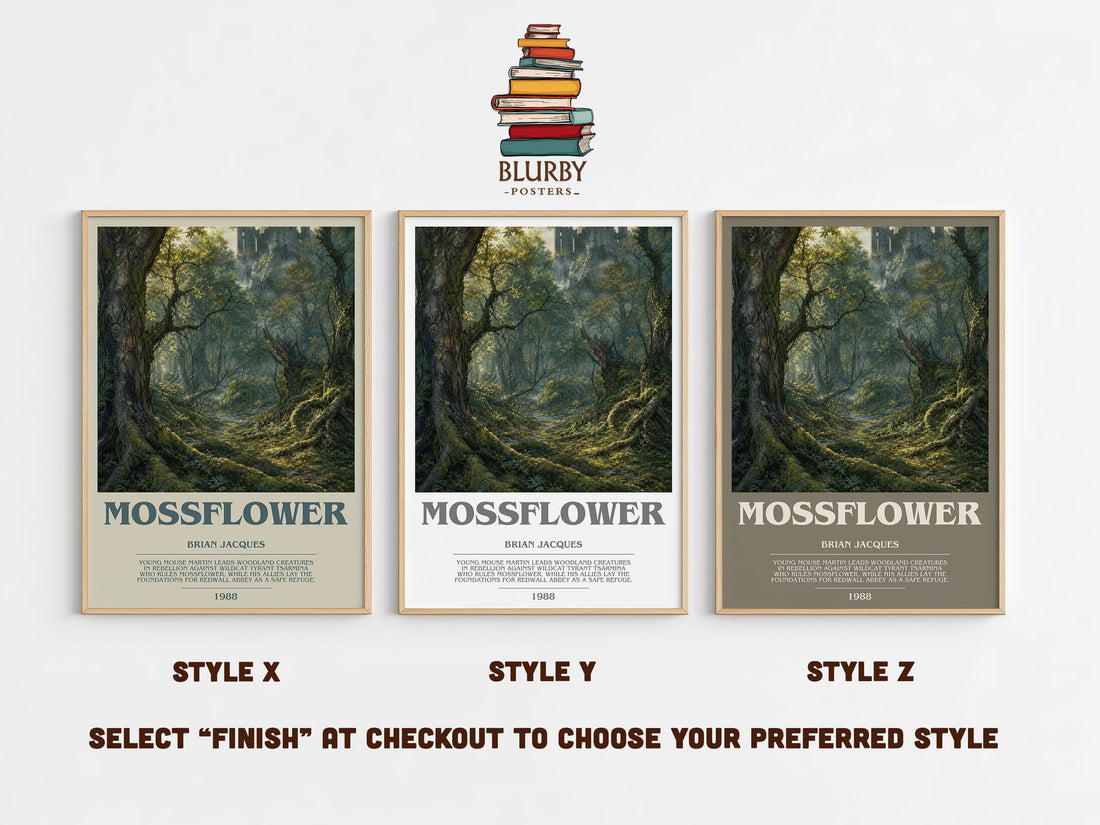 Mossflower bookish print in frame leaning in hallway – fantasy wall art (mockup)