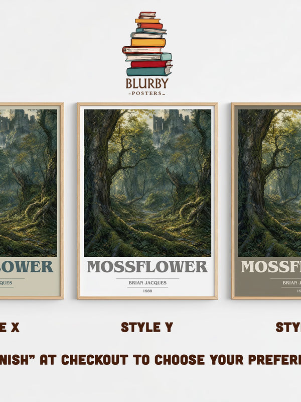 Mossflower book cover print in frame leaning in hallway – fantasy wall art