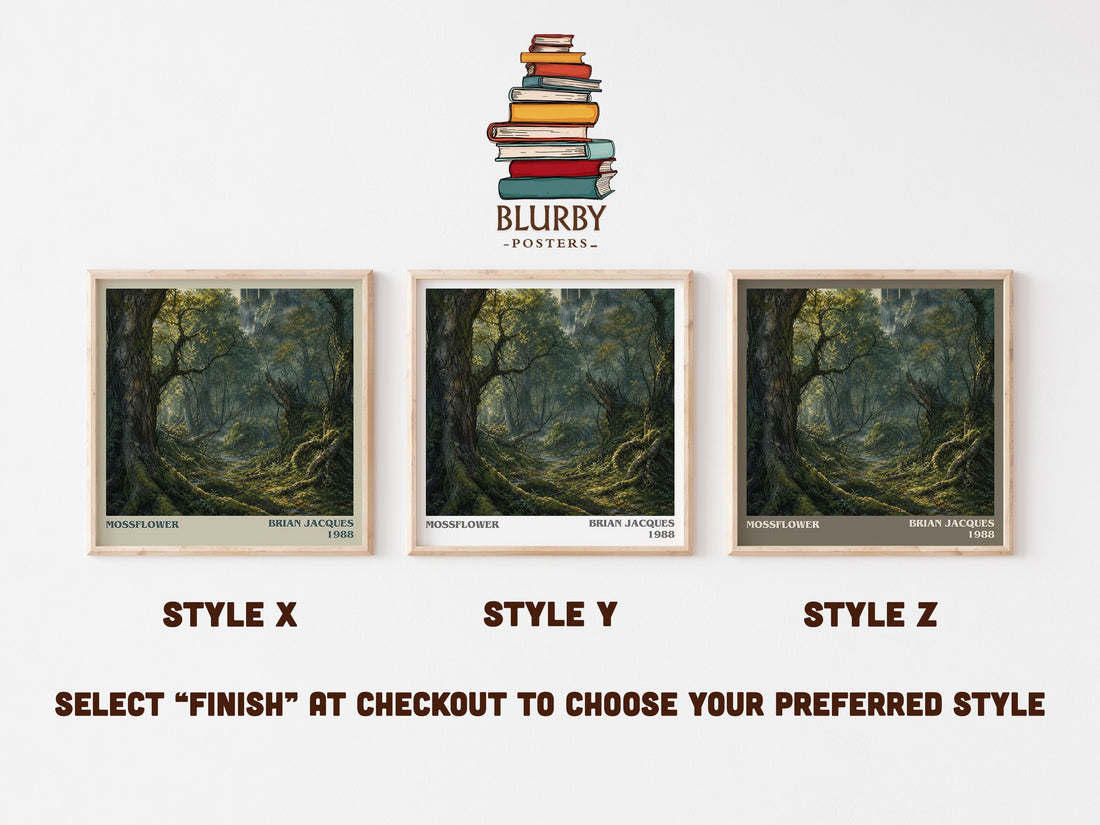 Mossflower literary print in frame leaning in hallway – fantasy wall art (mockup)