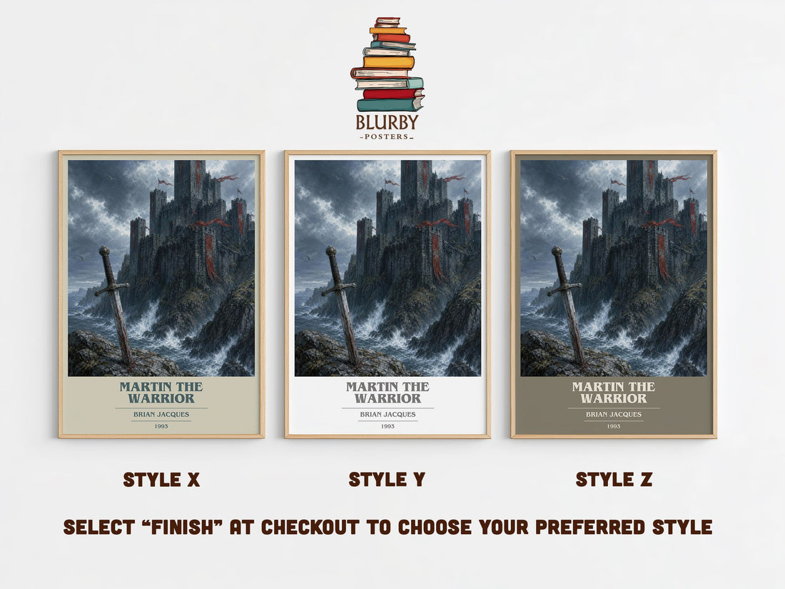 Martin the Warrior book cover print in frame leaning in hallway – fantasy wall art (mockup)