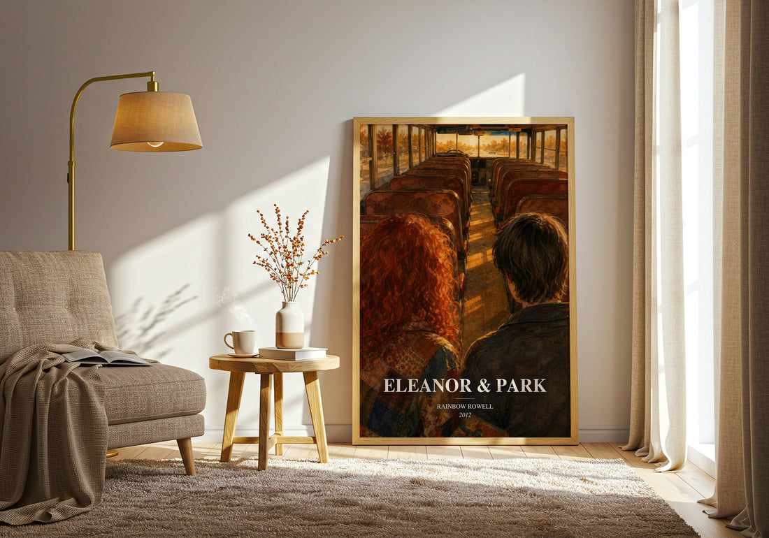 Eleanor & Park watercolour print in frame leaning in hallway – young adult wall art (mockup)