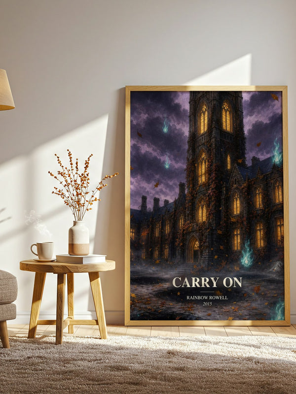Carry On watercolour print in frame leaning in hallway – fantasy wall art