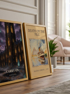 Carry On watercolour print framed by window – literary home decor