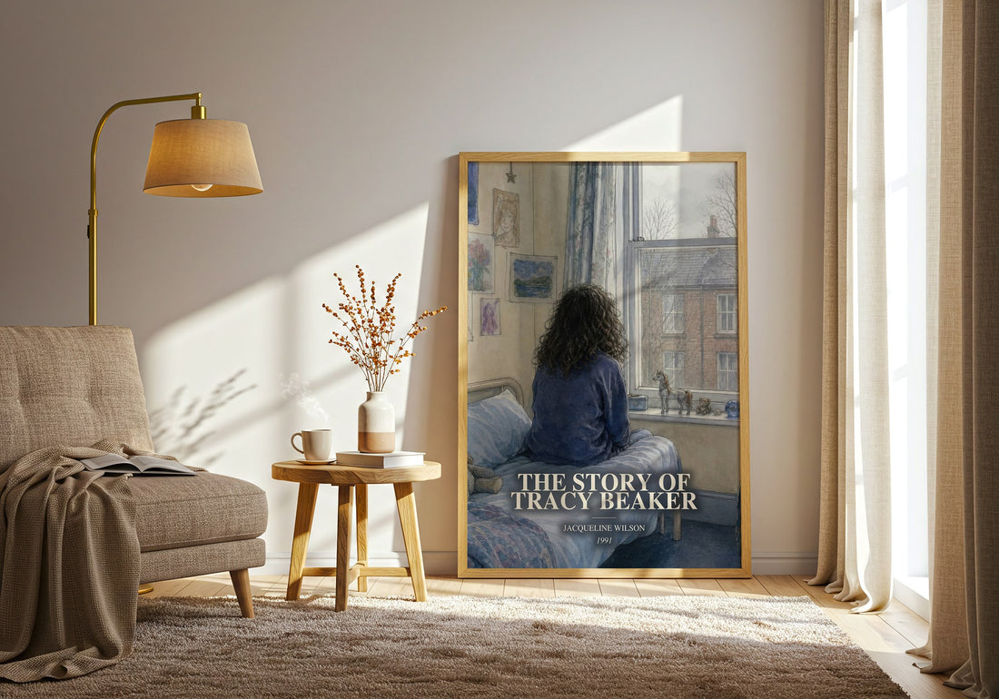 The Story of Tracy Beaker watercolour print in frame leaning in hallway – childrens wall art (mockup)