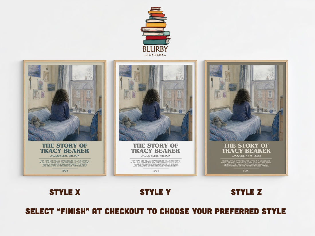 The Story of Tracy Beaker bookish print in frame leaning in hallway – childrens wall art (mockup)