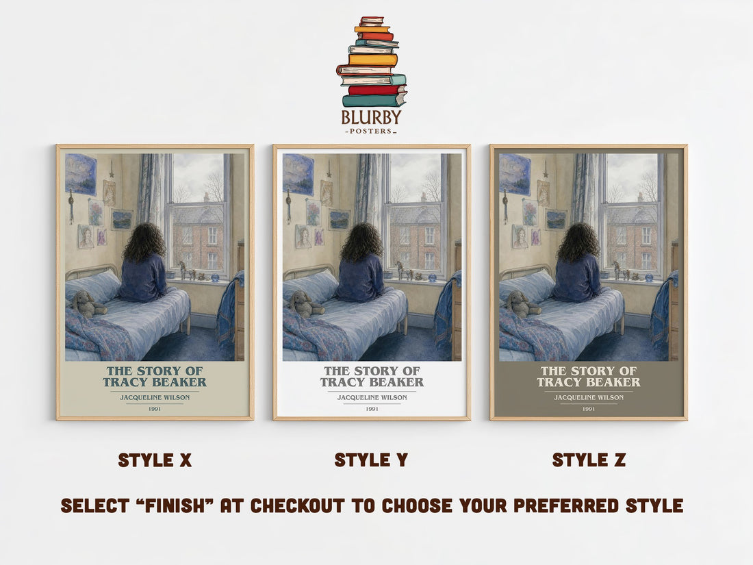 The Story of Tracy Beaker book cover print in frame leaning in hallway – childrens wall art (mockup)