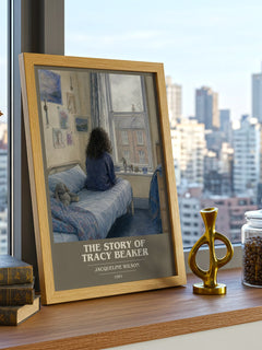 The Story of Tracy Beaker book cover print framed by window – literary home decor