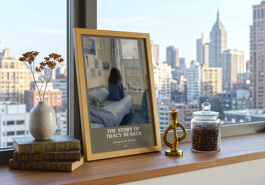 The Story of Tracy Beaker book cover print framed by window – literary home decor