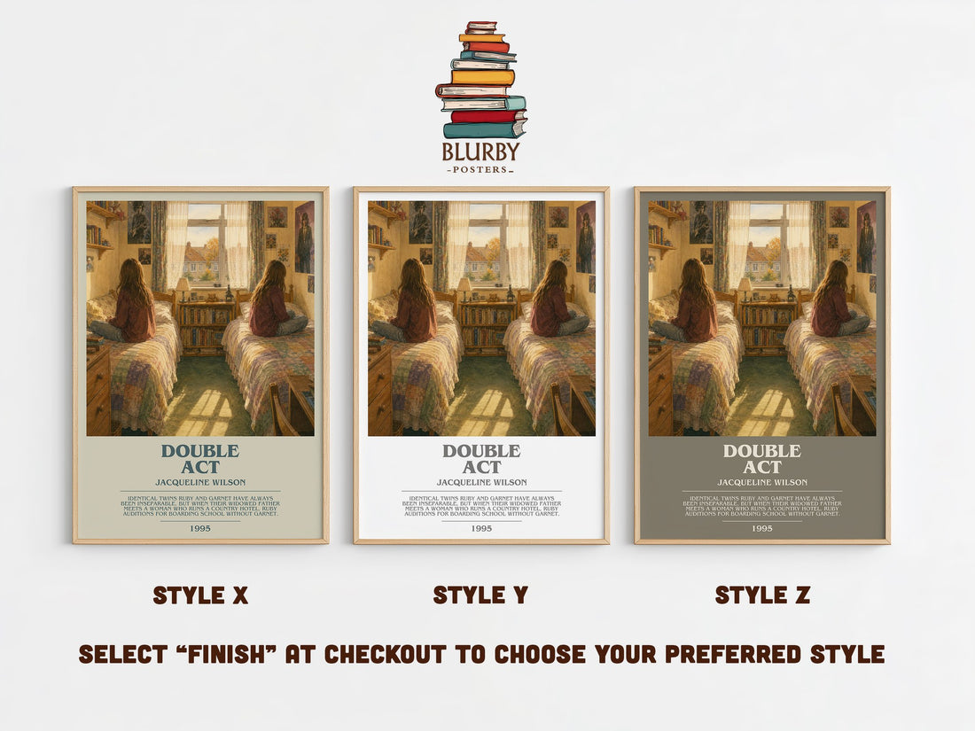 Double Act bookish print in frame leaning in hallway – childrens wall art (mockup)