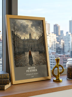 Hetty Feather Book Cover Poster by Jacqueline Wilson – framed print on a city-view windowsill