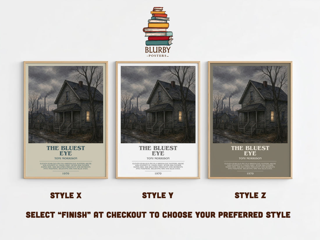 The Bluest Eye bookish print in frame leaning in hallway – literary fiction wall art (mockup)