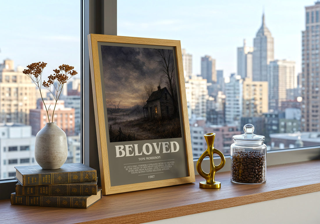 Beloved bookish print framed by window – literary home decor