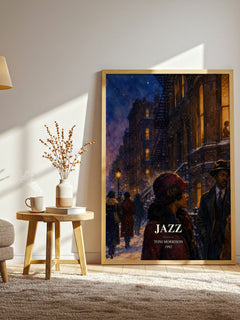 Jazz watercolour print in frame leaning in hallway – literary fiction wall art