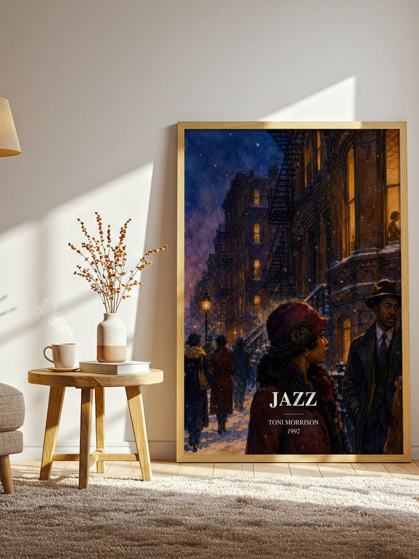 Jazz watercolour print in frame leaning in hallway – literary fiction wall art