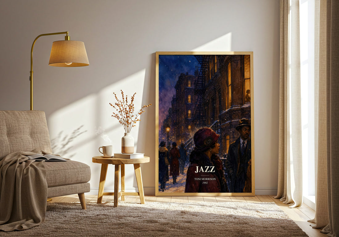 Jazz watercolour print in frame leaning in hallway – literary fiction wall art (mockup)