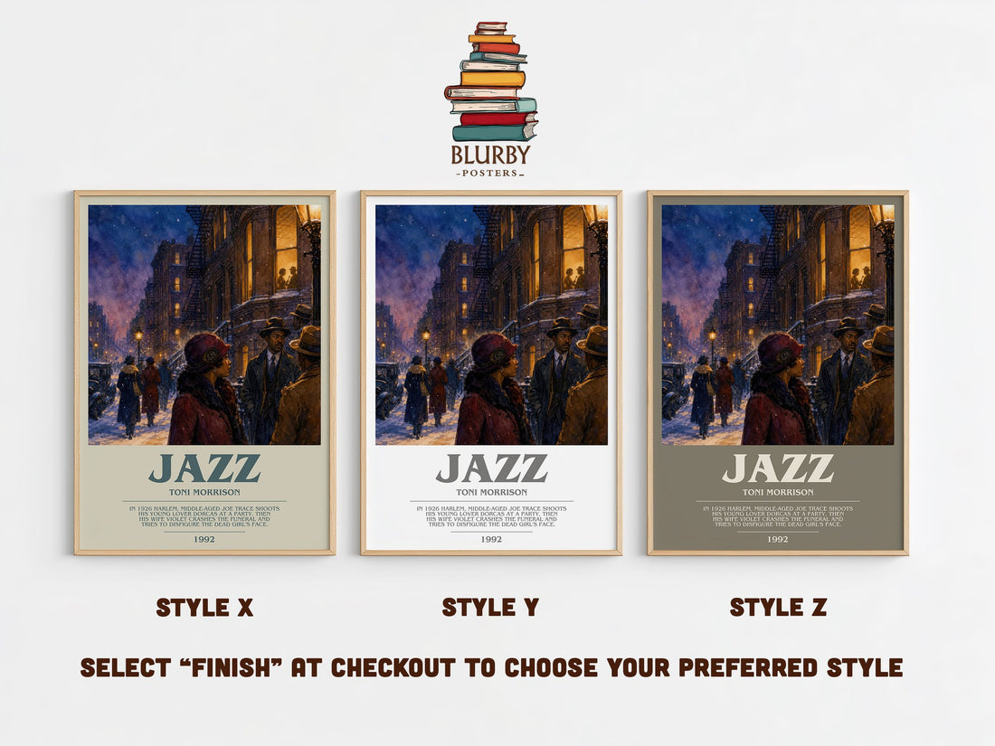 Jazz bookish print in frame leaning in hallway – literary fiction wall art (mockup)