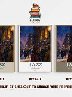 Jazz book cover print in frame leaning in hallway – literary fiction wall art