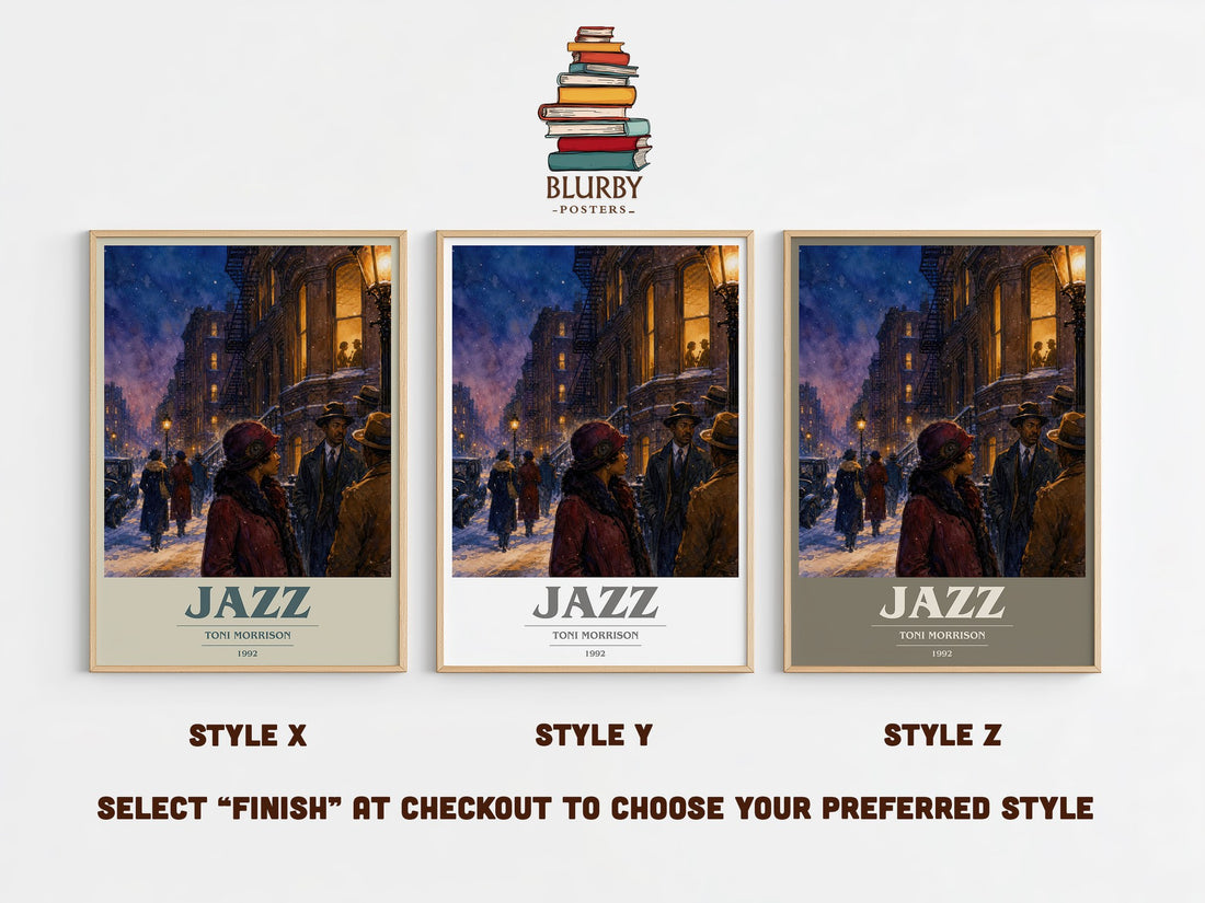 Jazz book cover print in frame leaning in hallway – literary fiction wall art (mockup)