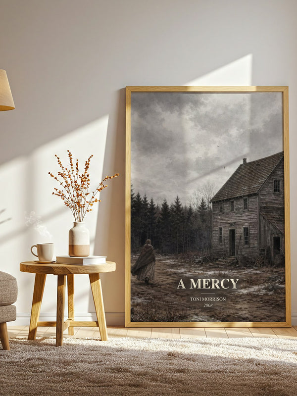 A Mercy watercolour print in frame leaning in hallway – literary fiction wall art