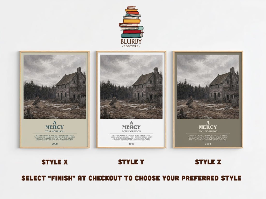 A Mercy bookish print in frame leaning in hallway – literary fiction wall art (mockup)